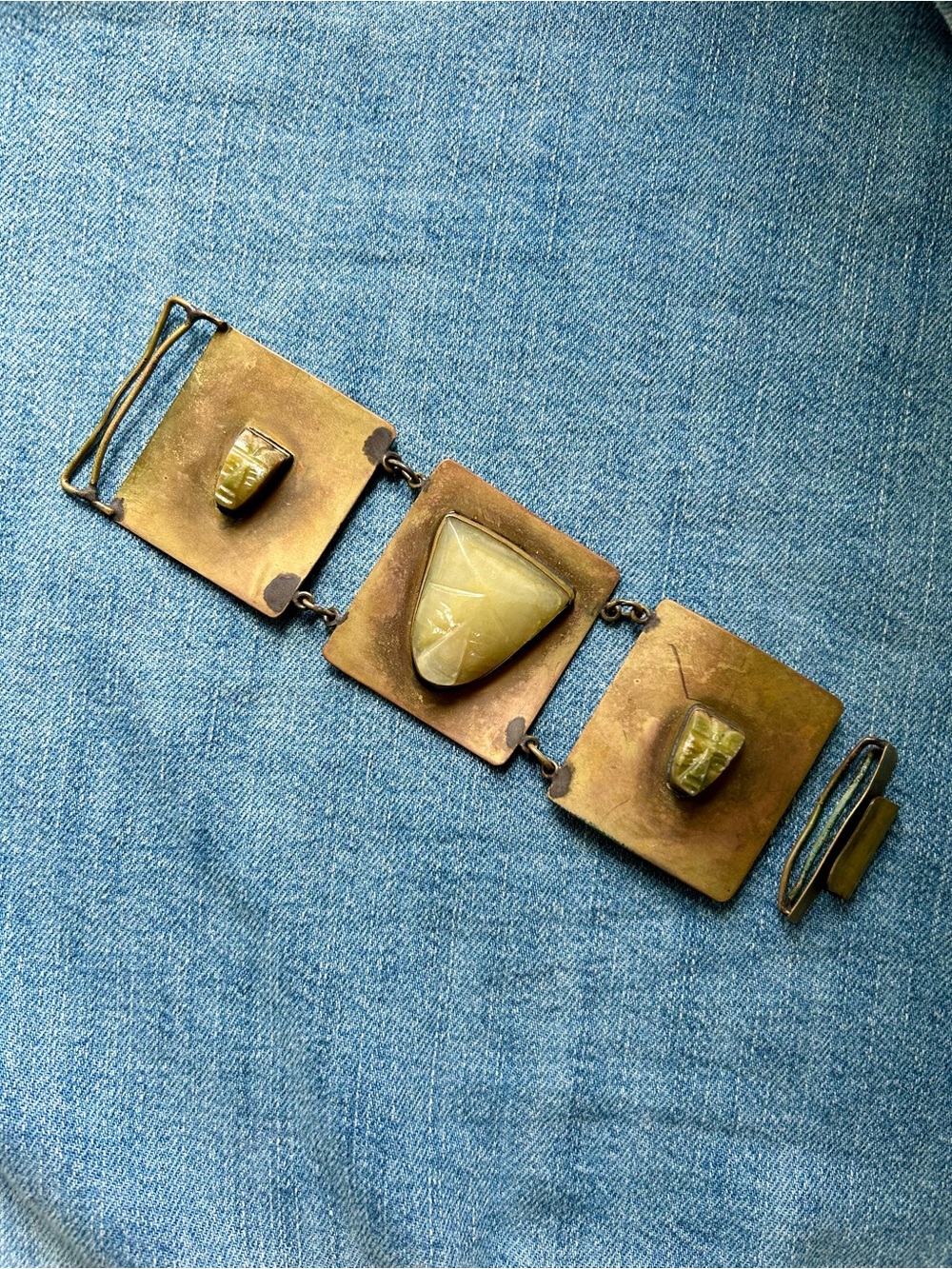 1940s Mexican Brass Belt Buckle with Green Onyx Aztec Revival Carved Faces
